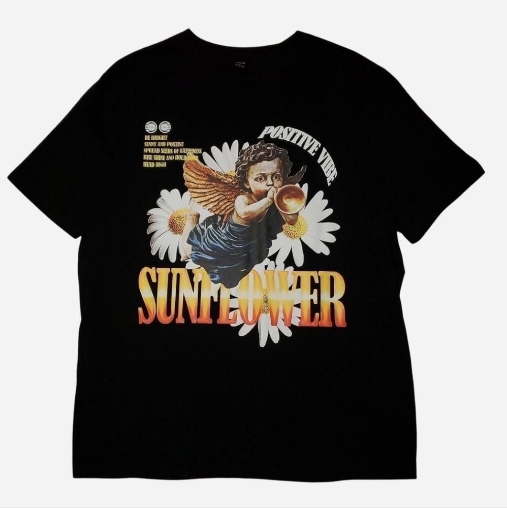Black Graphic Tee with Angel and Sunflower Print